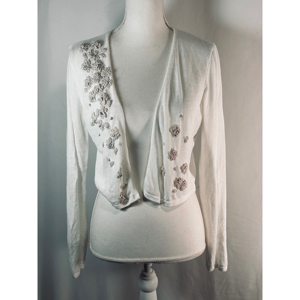 JJill Cropped Open Front Cardigan with 3D Crochet‎ Floral Applique S